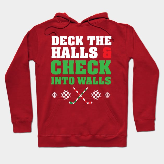 Funny Ice Hockey Christmas Candy Cane Stick Deck The Halls Hoodie by PodDesignShop